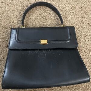Bally Vintage Navy Leather Top Handle Bag Gold Hardware Structured Timeless